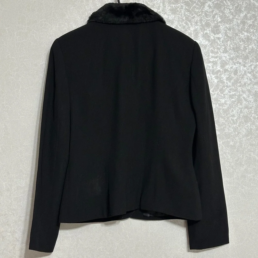 Joan Leslie Vintage Fitted Black Blazer‎ Jacket Faux Fur Collar Business Sz 8